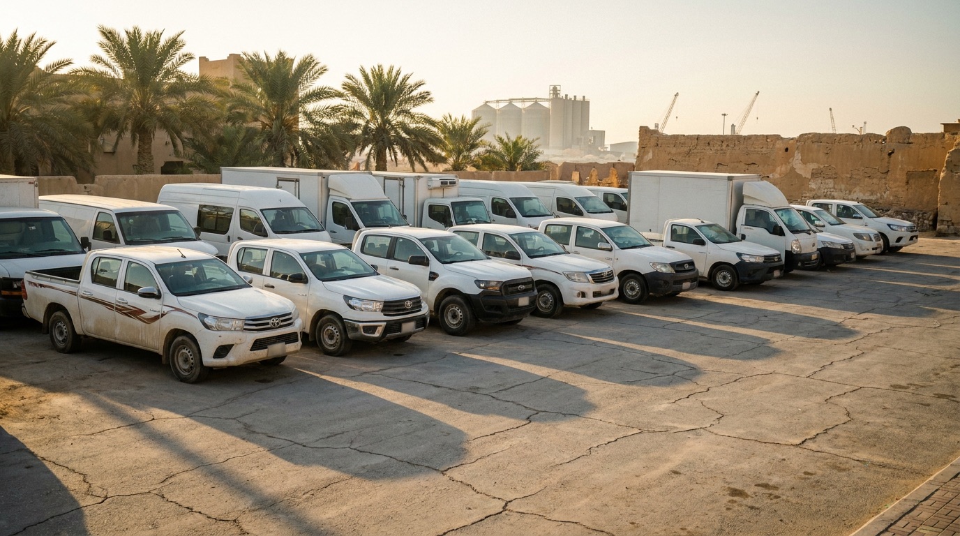 A line of white commercial vehicles at a logistics yard in the Eastern Province at first light