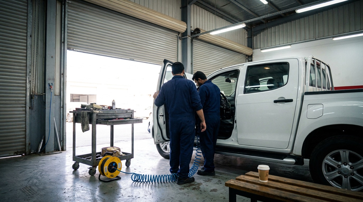 Technicians working at the open door of a pickup inside a vehicle workshop bay