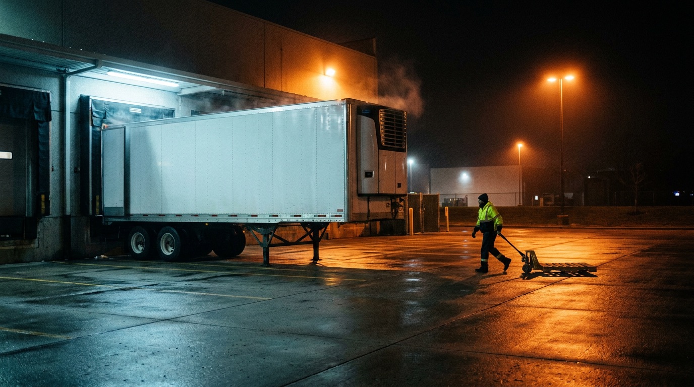 A refrigerated trailer at a loading dock at night, cold light from the bay mixing with warm yard lamps