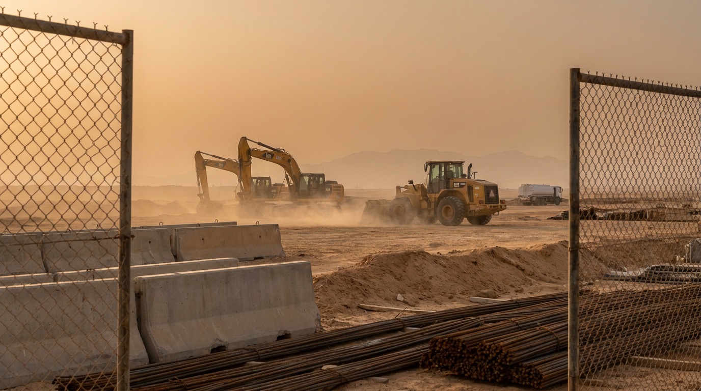 Excavators and a wheel loader raising dust on a desert construction site, seen through the perimeter fence