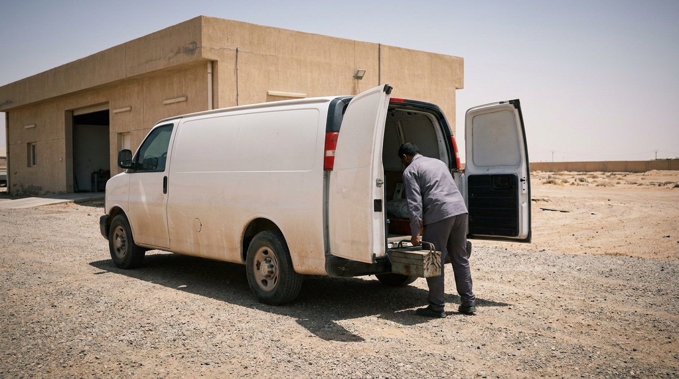 A service van outside a low industrial building, technician lifting a toolbox from the rear doors