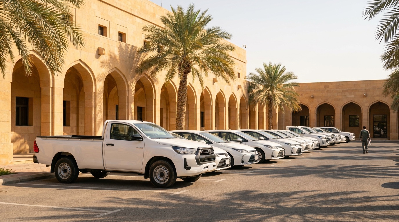 A row of white fleet vehicles parked along a sandstone colonnade with date palms
