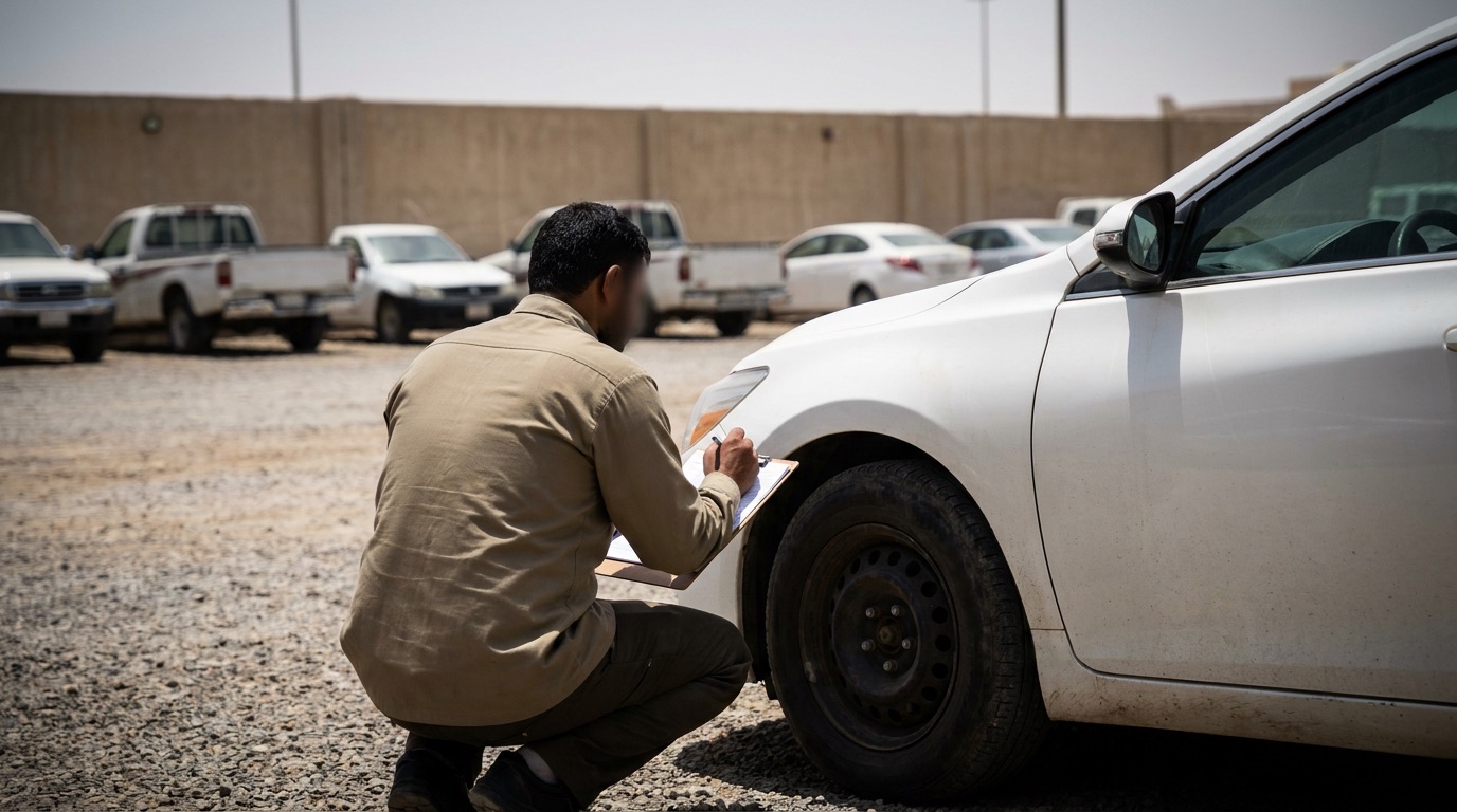 An assessor with a clipboard inspecting the front wing of a sedan in an outdoor yard