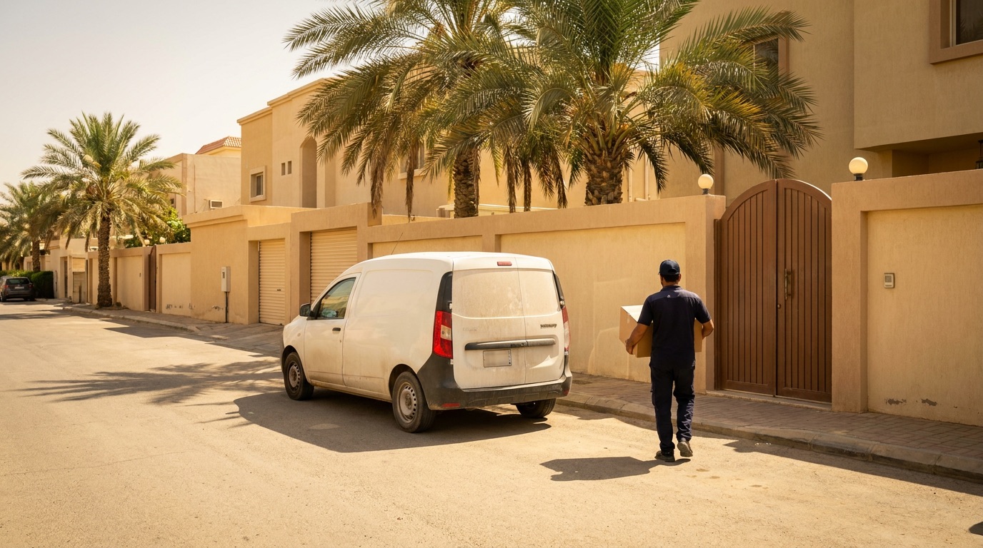A small delivery van on a residential street, courier carrying a parcel to a villa gate