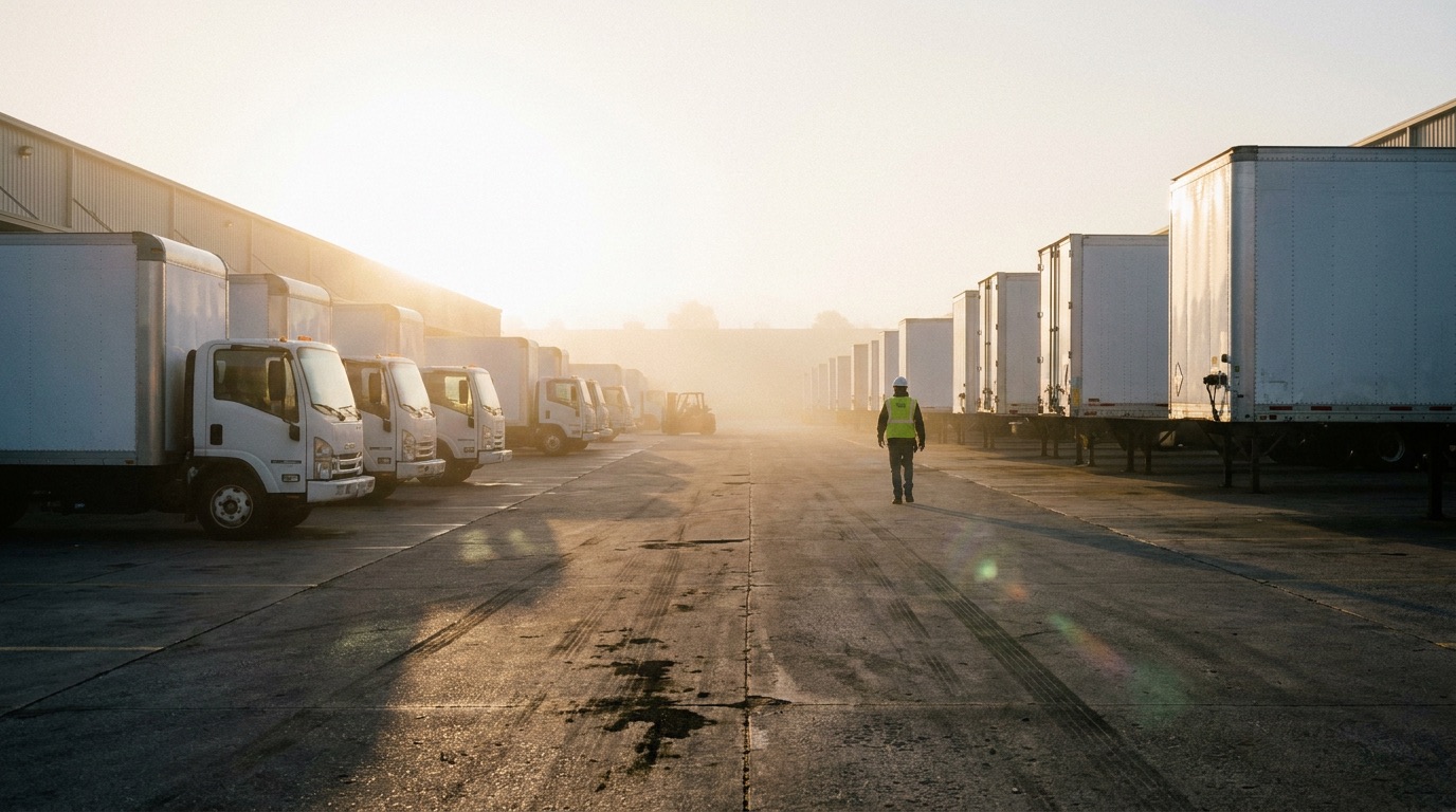 A logistics yard at dawn, rows of white box trucks and trailers in morning haze