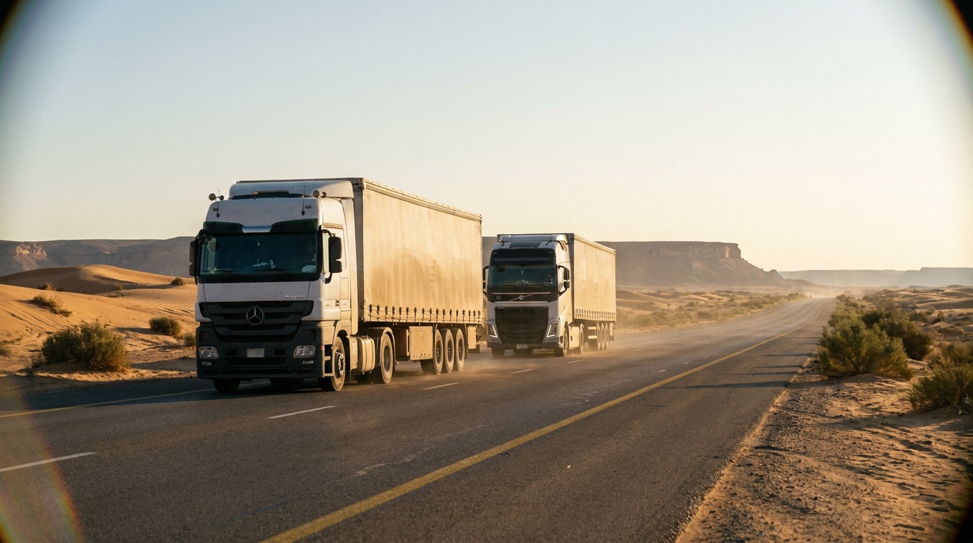 Two articulated freight trucks on a desert highway in late afternoon