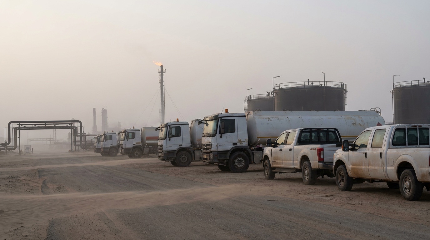 Tanker trucks and pickup service vehicles at a desert oil and gas facility at dawn