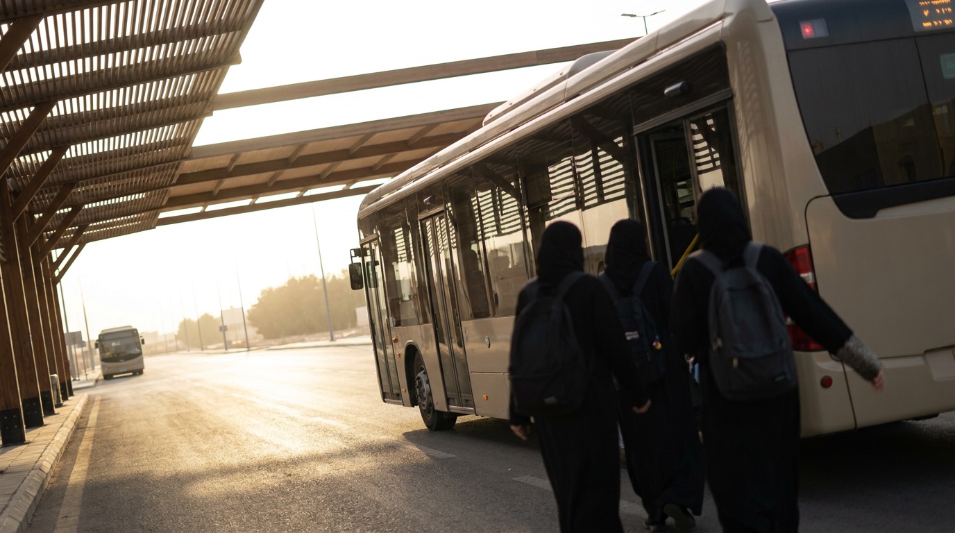 Passengers boarding a city bus at a shaded stop in low afternoon light