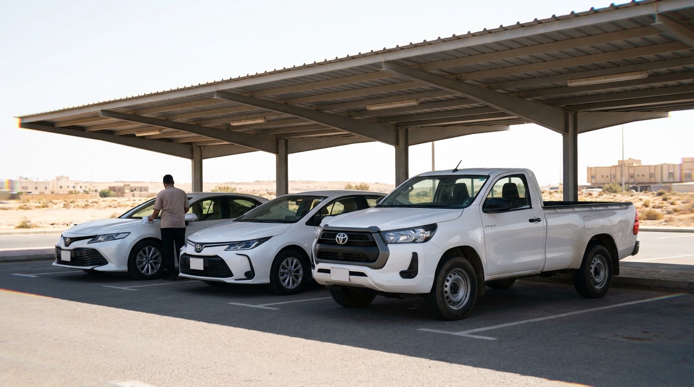 A shaded rental return lane with white vehicles and an attendant checking one in