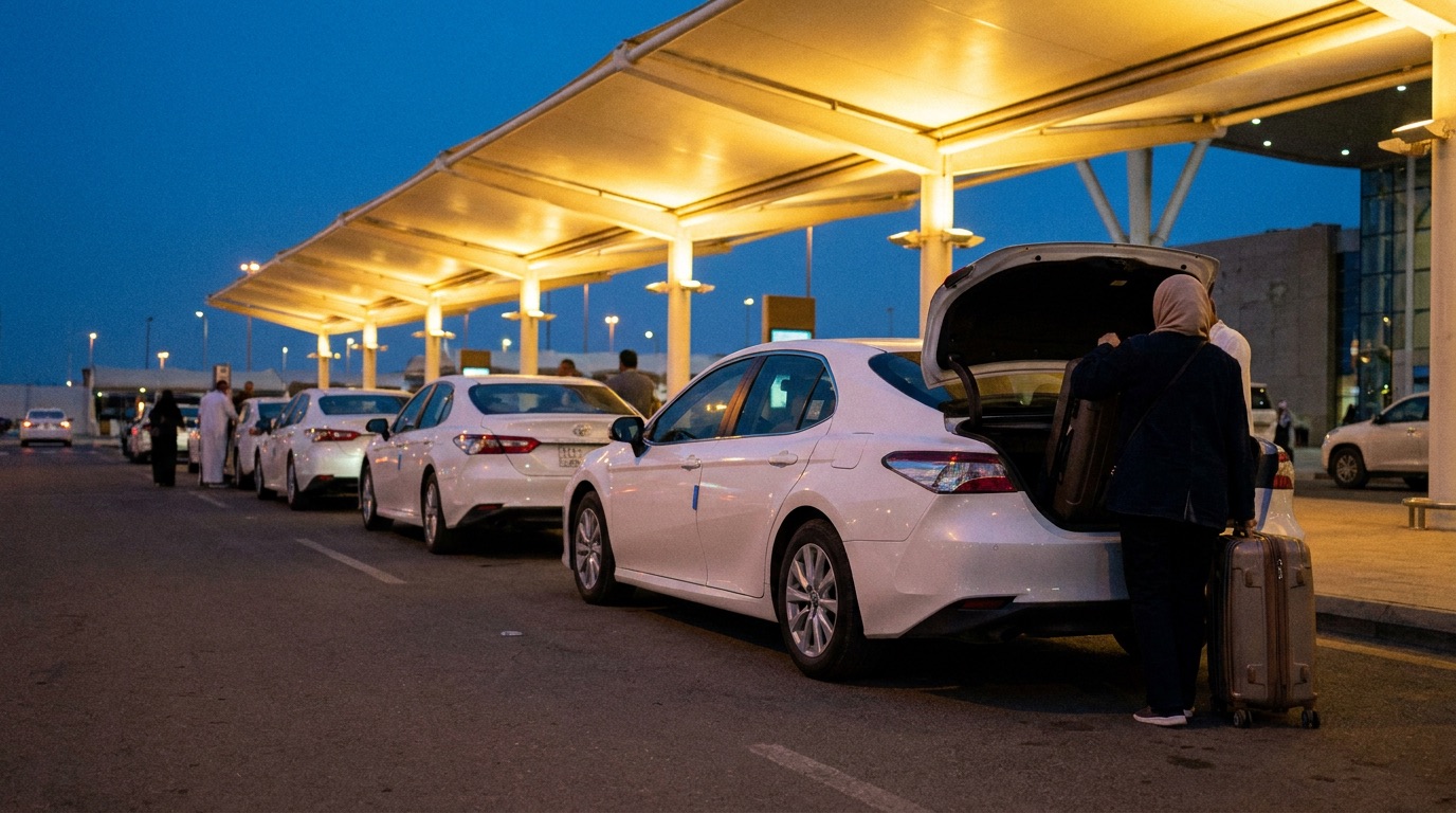 White sedans waiting at a covered pick-up rank outside a terminal at dusk
