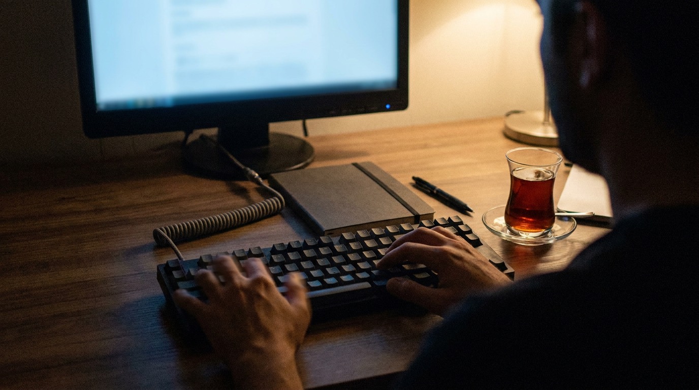 A developer at a desk at night, hands on a keyboard, the screen out of focus