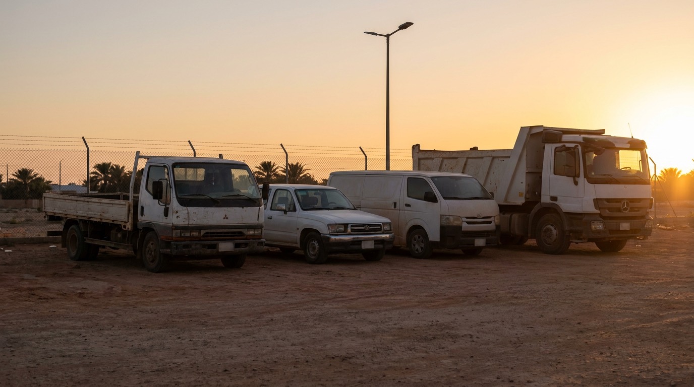A flatbed truck, pickup, panel van and tipper parked in a row in a Saudi yard at dusk