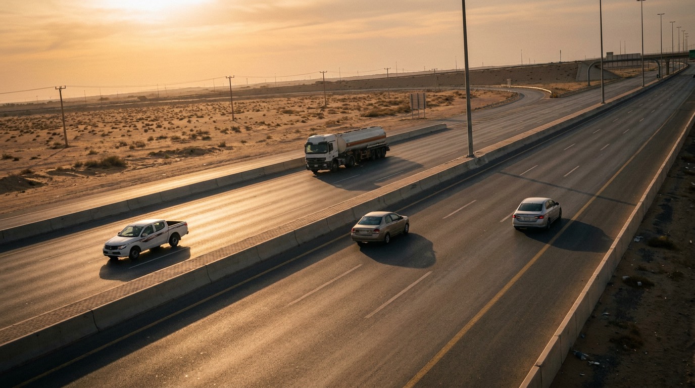A tanker truck, a white pickup and two cars spread across a Saudi highway at golden hour, seen from above