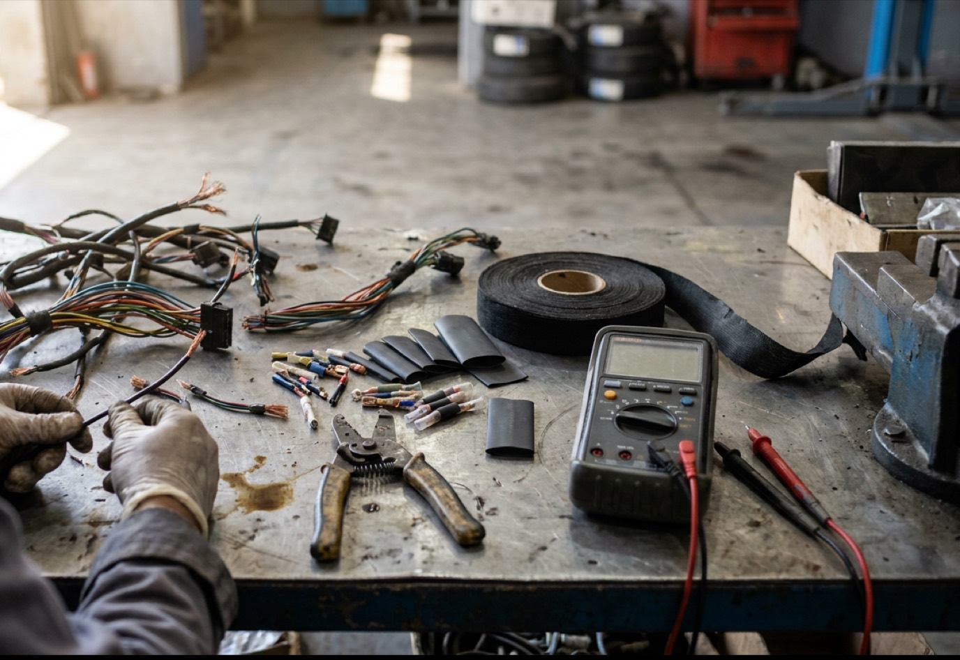 A vehicle wiring harness, connectors, heat-shrink and a multimeter laid out on a workshop bench