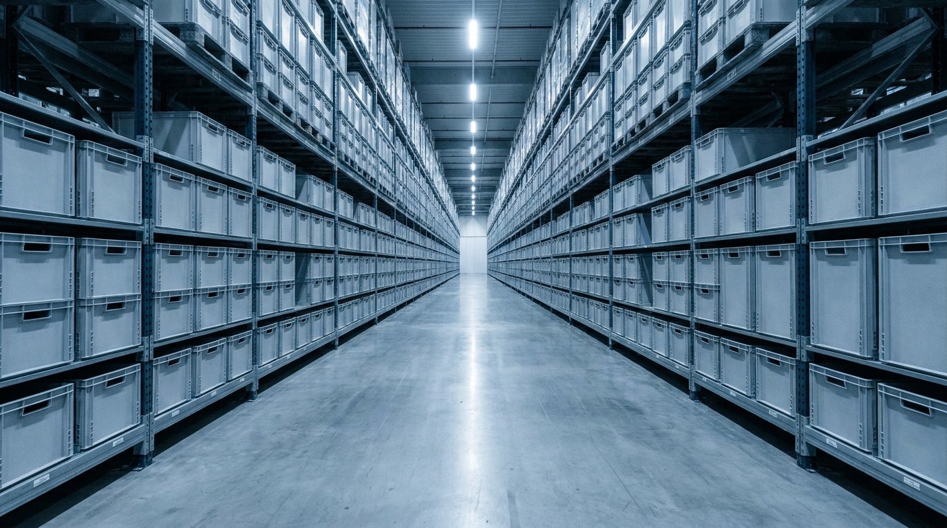 A long aisle of tall racking filled with identical grey totes in a modern automated warehouse