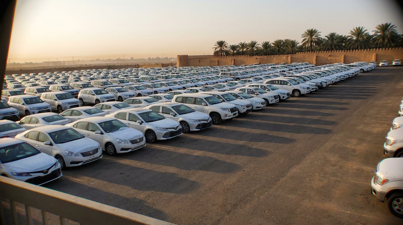 Rows of new white vehicles in a delivery compound at dawn