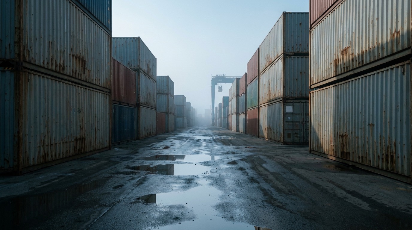 Stacked shipping containers receding into morning haze at a Saudi port terminal