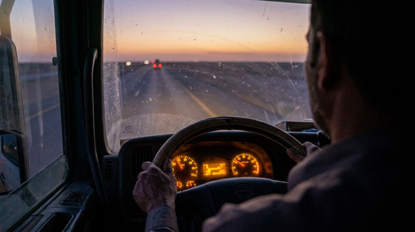 The view forward from a truck cab at dusk on a Saudi highway